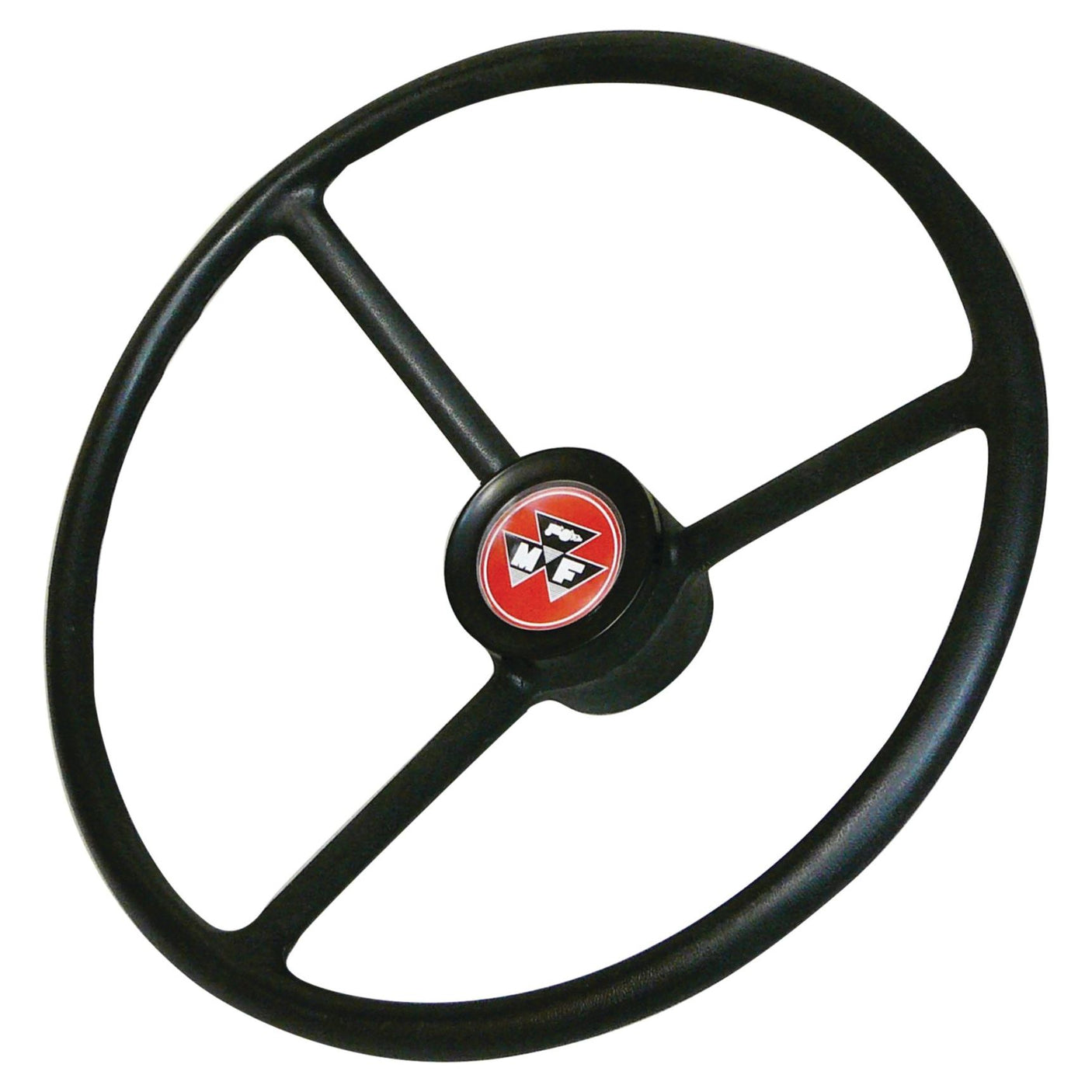 Three-spoke Steering Wheel 450mm with a black rim featuring a red central badge displaying an International Harvester emblem, available as Sparex Part No. S.40264 by Sparex.