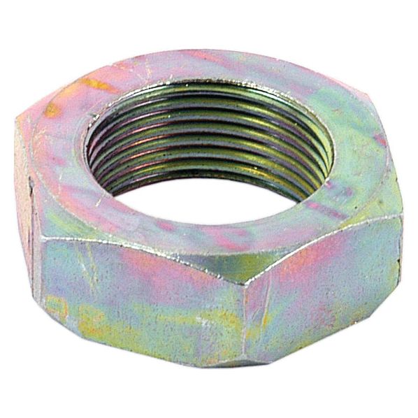 Close-up of a Sparex Steering Wheel Nut 13/16'' (Part No. S.40268), showcasing its internal threading and slightly worn, multi-colored, iridescent surface.