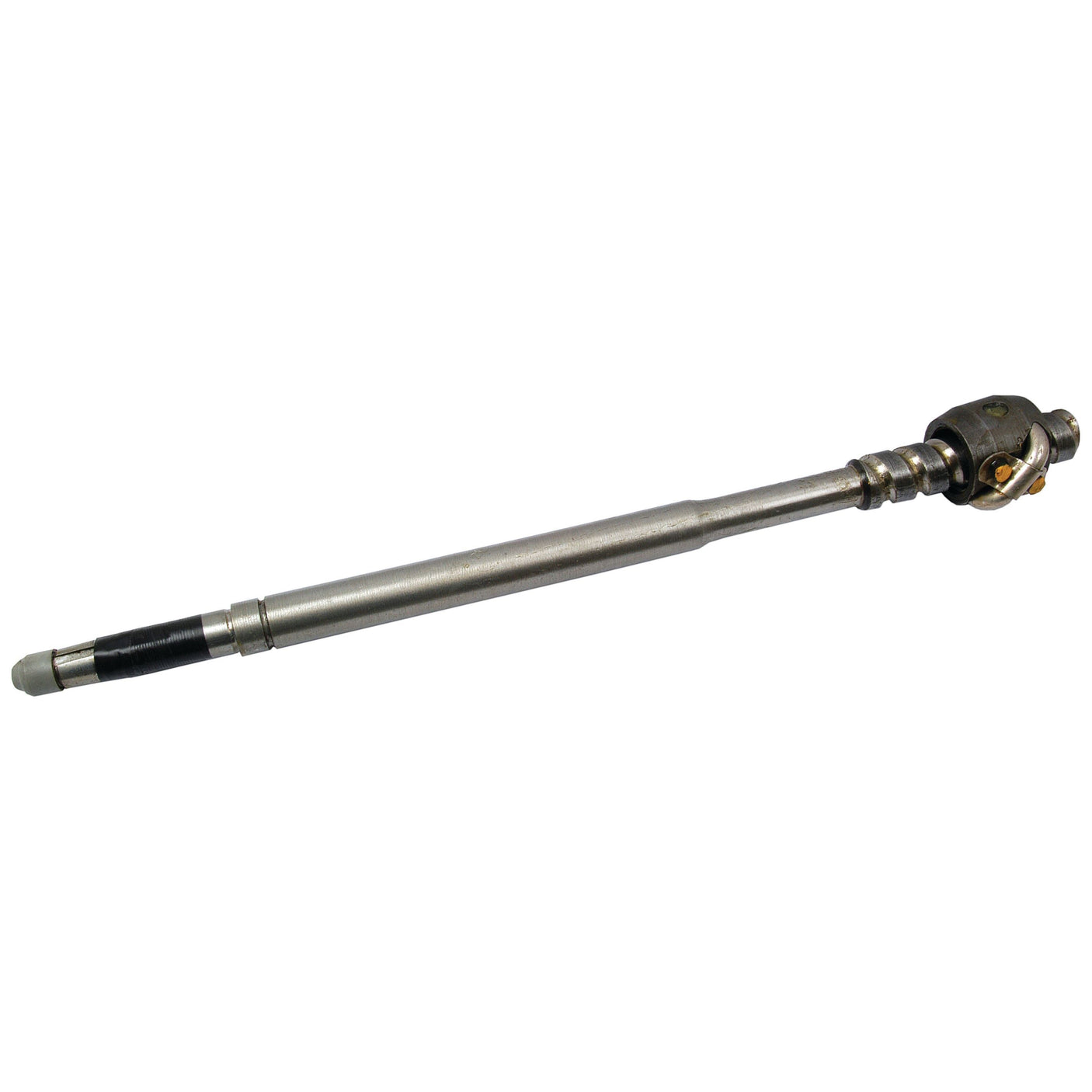 The Sparex Part No. S.40274 Steering Shaft by Sparex is a metal rod with a cylindrical body, featuring a black rubber segment near one end and a threaded joint at the other end, commonly found in Massey Ferguson models.