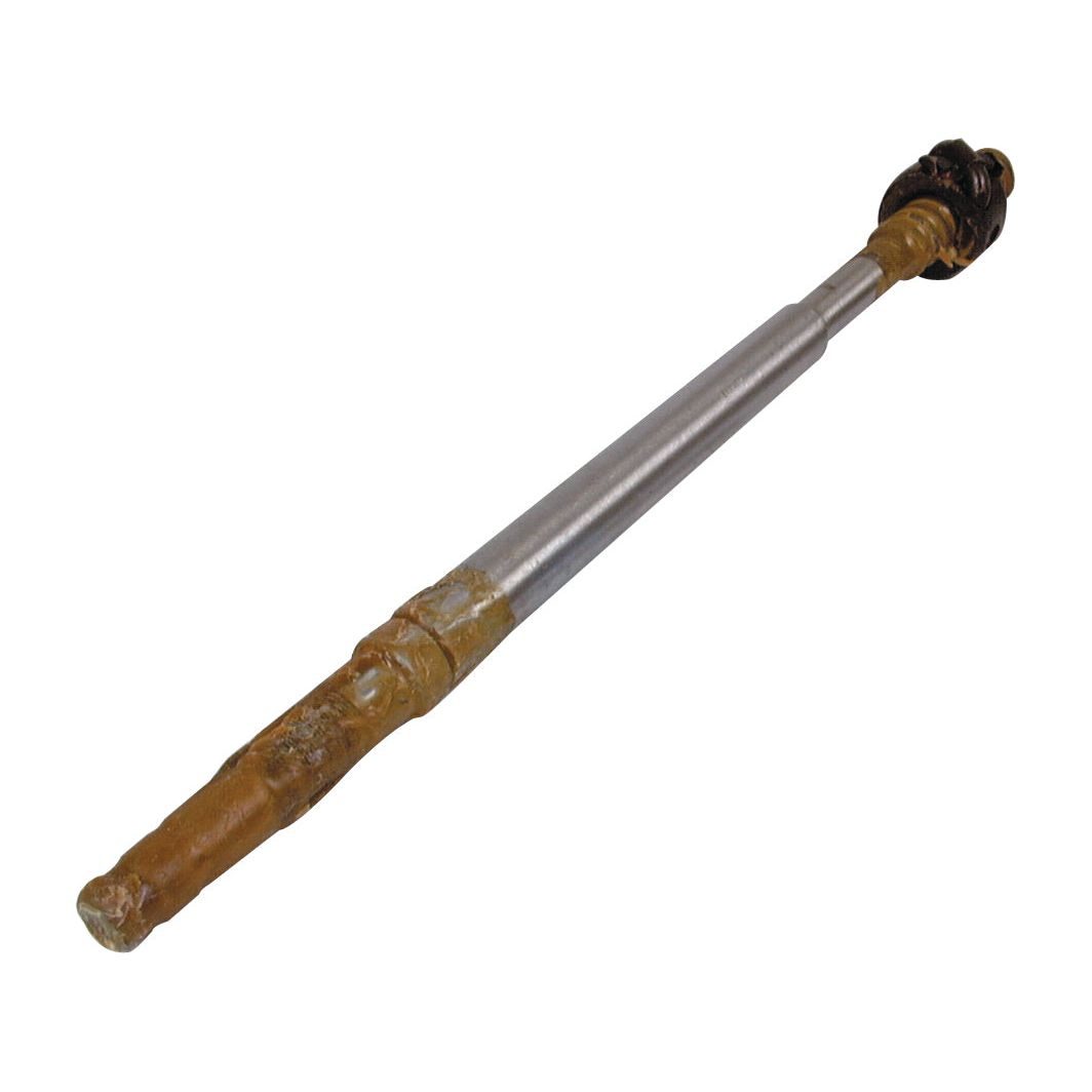 A cylindrical metal rod with a silvery central section and rusted ends, one of which is wrapped in a metal coil—resembling the Steering Shaft (Sparex Part No. S.40276) from Sparex, similar to those found in old Massey Ferguson tractors.