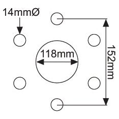 Diagram of the Sparex Wheel Rim (Product Number S.40286, Rim Size: 4.5 x 16'') featuring a central circle with a bore diameter of 118mm and five smaller circles each measuring 14mm in diameter arranged around it. The distance between two specific smaller circles is 152mm.