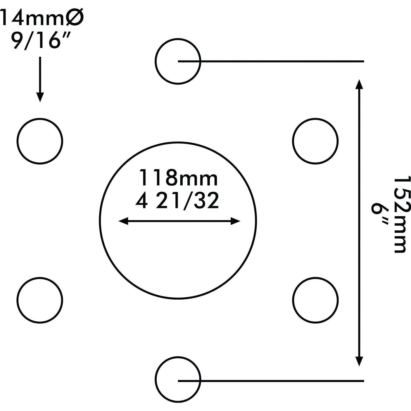 Diagram showing a Sparex Wheel Rim (Rim Size: 4.5 x 16''. - S.40286) with a bore diameter of 118mm (4 21/32") in the center, surrounded by four equally spaced holes of 14mm (9/16") diameter, all within a square of 152mm (6").