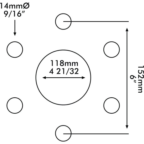 A technical diagram from Sparex illustrates the Wheel Rim, Rim Size: 5.5 x 16'' (Product Code: S.40287), showcasing a circular pattern and dimensions. The central hole diameter is 118mm (4 21/32"), while four outer holes have a diameter of 14mm (9/16") and are spaced 152mm (6") apart horizontally and vertically.