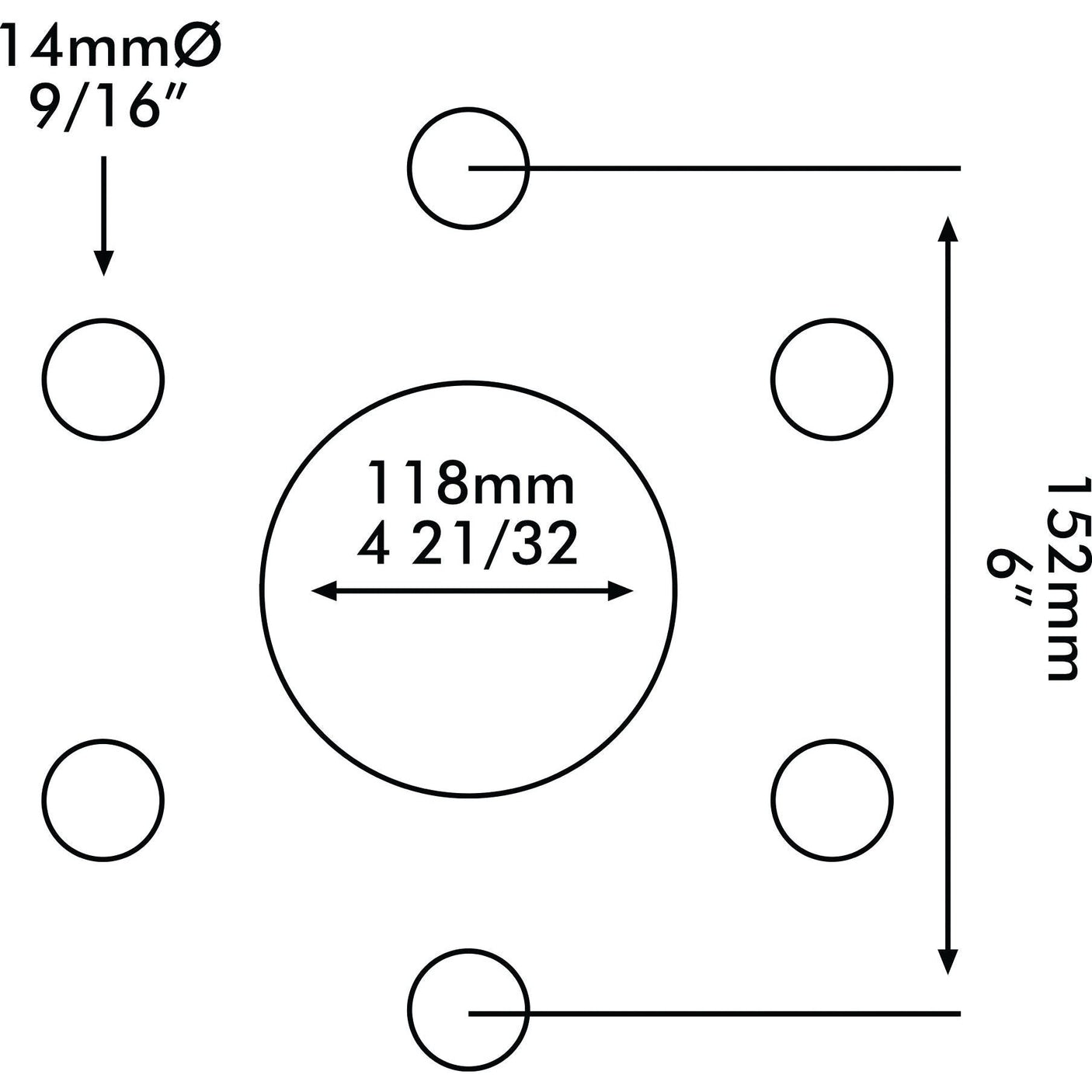 Diagram showing a circular arrangement of five holes for the Sparex Wheel Rim (8 x 16", S.40289). The central hole has a diameter of 118mm (4 21/32"), while the four surrounding holes, designed for heavy-duty use, have diameters of 14mm (9/16"). The overall height is 152mm (6").