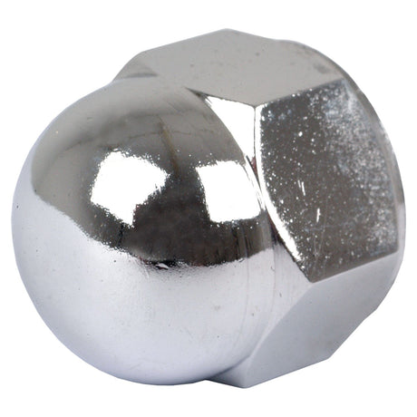 Close-up of a shiny chrome-plated hexagonal lug nut with a domed top, akin to the quality you'd expect from a Sparex Steering Wheel Nut Chrome (Sparex Part No. S.40290), viewed from the side.