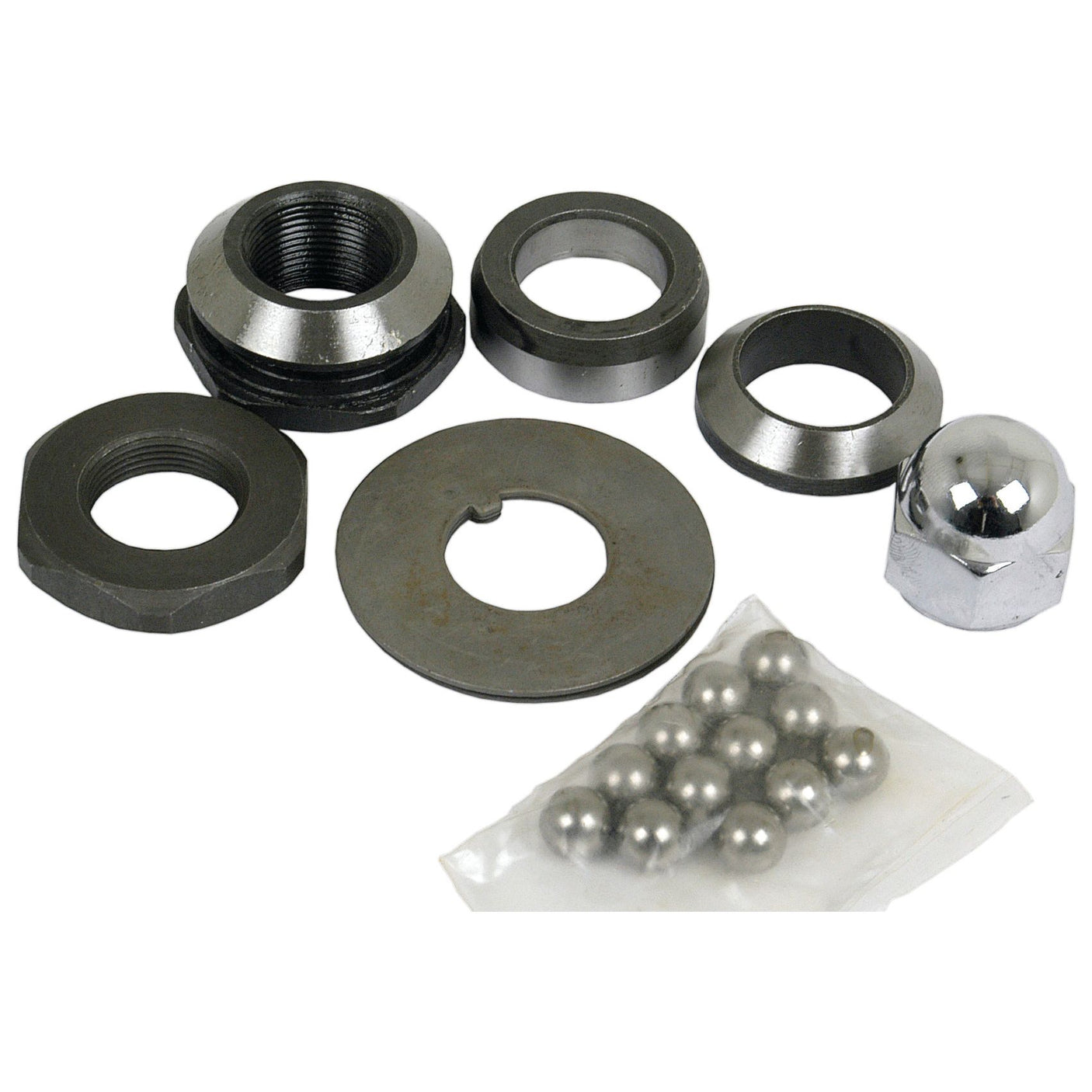 The Sparex Steering Column Repair Kit (Part No. S.40293) includes a collection of metal nuts, washers, a threaded ball bearing housing, and a small packet of loose ball bearings—perfect for repairing your David Brown steering column or maintaining your Massey Ferguson equipment.