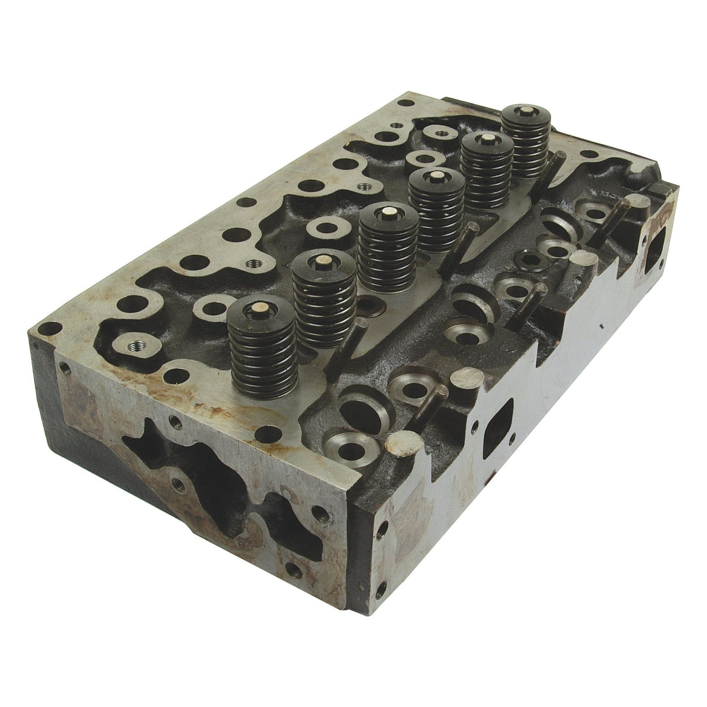 A Sparex Cylinder Head Assembly - S.40304 made of metal for Perkins AD3.152 Engine, featuring multiple valves and springs in a grid-like configuration, compatible with various tractors.