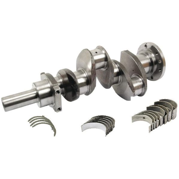 The Crankshaft Kit (3 Cyl.) AD3.152, Sparex Part No. S.40309, features a metal crankshaft with multiple journal bearings and connecting rod bearings, displayed individually and arranged on a white background. Ideal for Perkins AD3.152 enthusiasts, this Sparex set ensures quality and precision in every part.