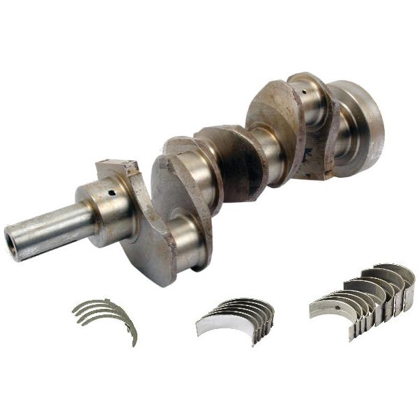 A meticulously arranged Crankshaft Kit (3 Cyl.) AD3.152 - S.40313 from Sparex, featuring a car crankshaft, main bearing, and conrod bearing, displayed on a white background.