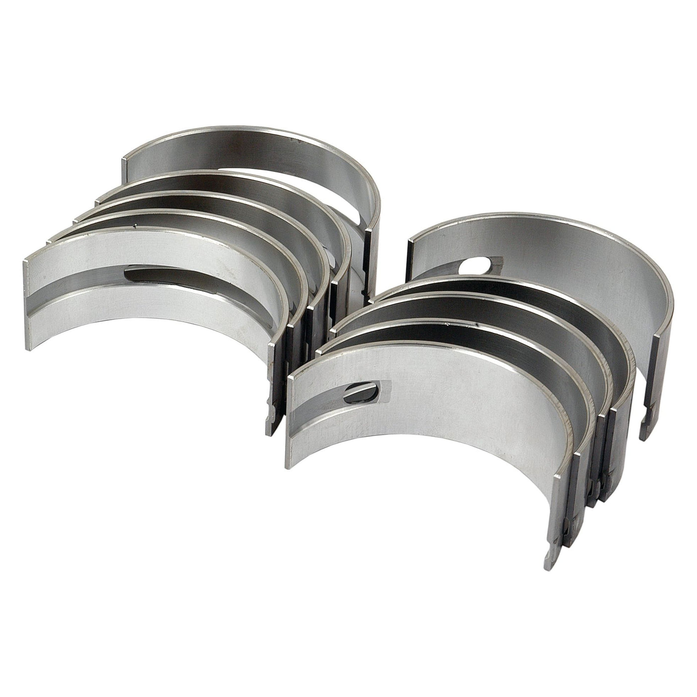 A set of eight semi-circular metal engine bearings, compatible with models such as the Case IH C70 and Massey Ferguson 165, arranged in two rows is available under the name Main Bearing +0.010'' (0.25mm) (Set) | Sparex Part No.S.40340 by Sparex.