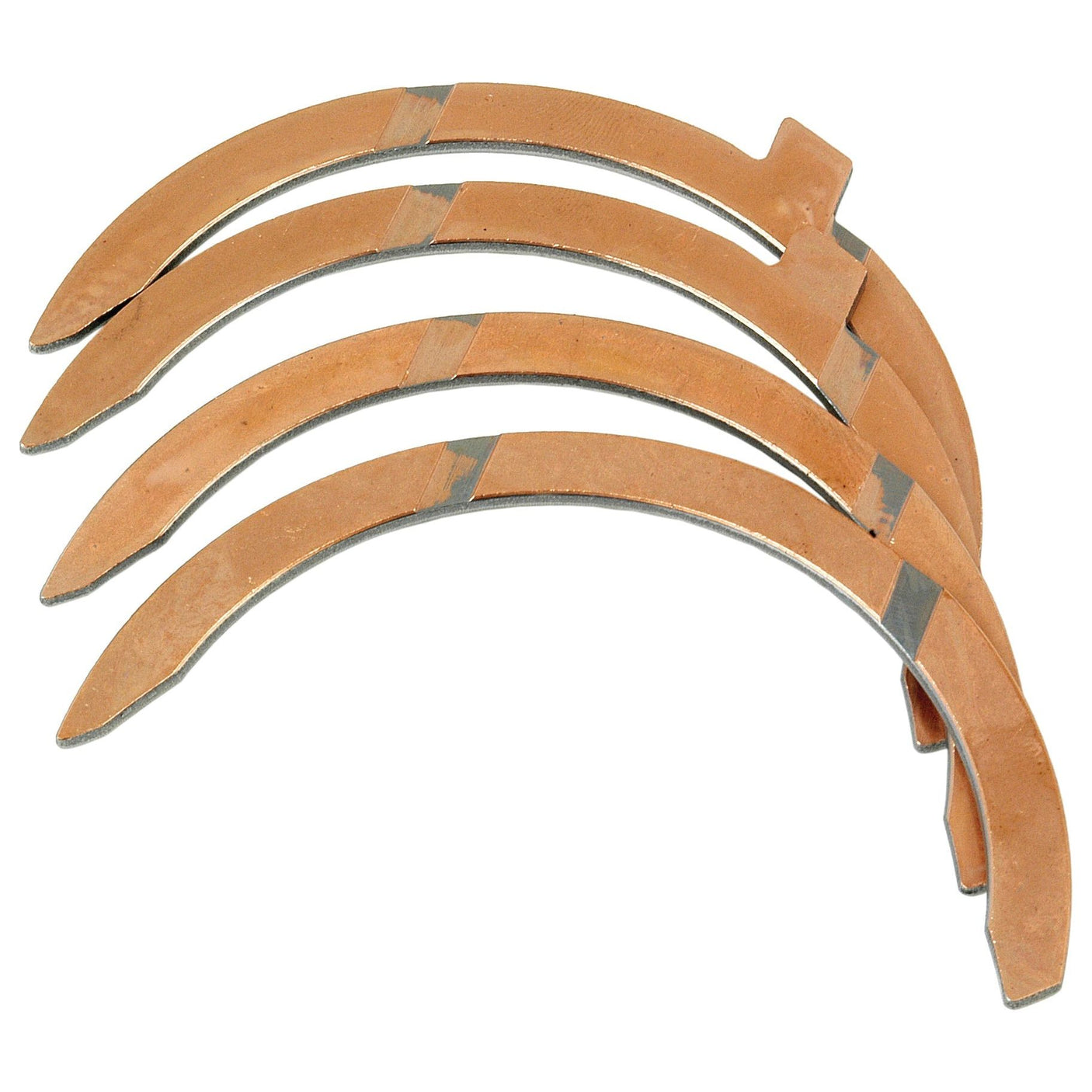 A set of three semi-circular, copper-colored brake bands with lined friction material, compatible with Allis Chalmers machinery. Available as the Thrust Bearings Set from Sparex, Part No. S.40345.