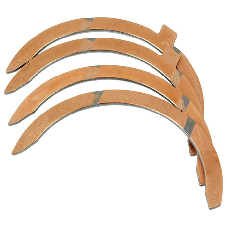 A set of three semi-circular, copper-colored brake bands with lined friction material, compatible with Allis Chalmers machinery. Available as the Thrust Bearings Set from Sparex, Part No. S.40345.