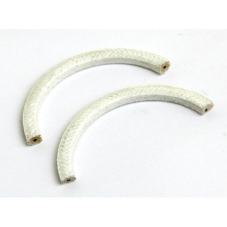 Two white, semi-circular braided gaskets with frayed edges, positioned parallel to each other on a white surface—resembling the Rope Seal Set (2 pcs.) often used in Sparex equipment (Part No.S.40354).