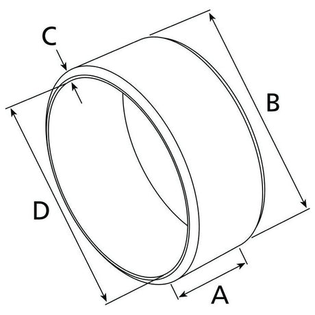 Diagram of a cylindrical object with labeled dimensions: A (diameter), B (height), C (wall thickness), and D (overall diameter). Suitable for use in an engine model, specifically as the Small End Bush - ID: 34.6mm, Sparex Part No. S.40361 from the Sparex brand.