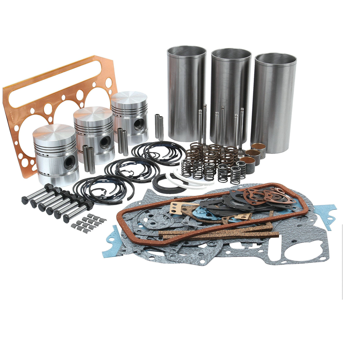 An assortment of engine parts, including pistons, cylinder liners, gaskets, valves, springs, and various bolts and seals from the Sparex Engine Overhaul Kit with Valve Train (Finished) - S.40368 displayed on a white background.