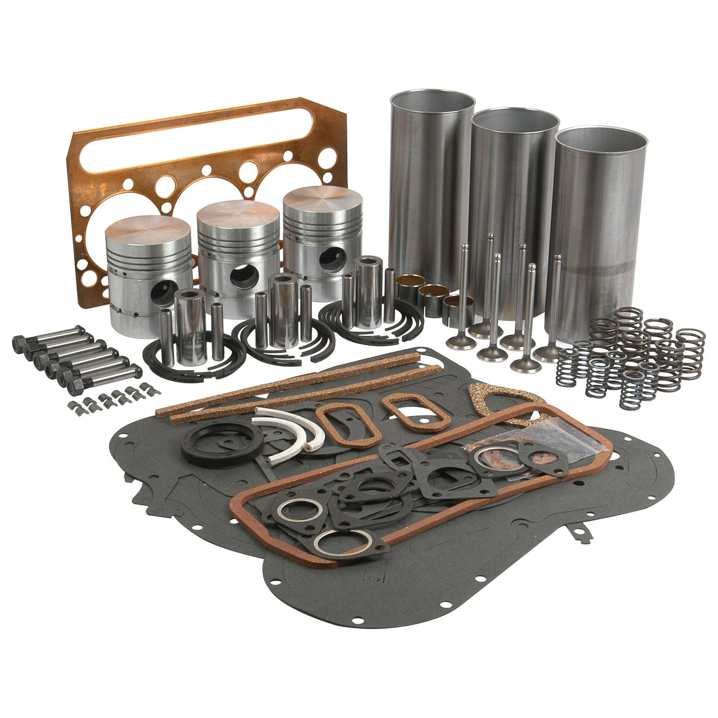 An assortment of engine components laid out, including pistons, cylinders, valves, springs, gaskets, bolts, and other hardware from the Sparex Engine Overhaul Kit with Valve Train (Chrome) - S.40369.