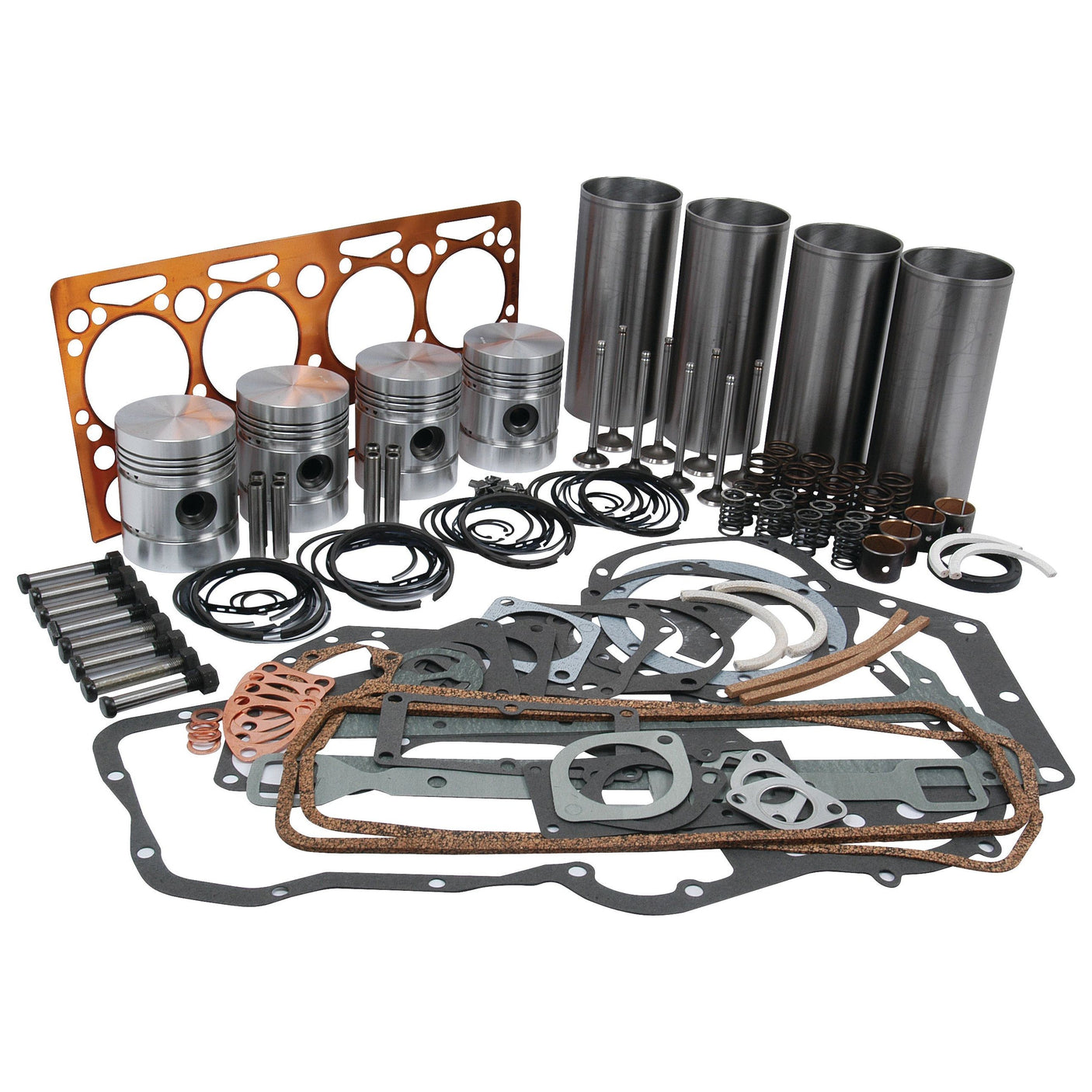 A neatly arranged display of a comprehensive assortment of engine components, including pistons, gaskets, rings, seals, and other hardware is featured in the Sparex Engine Overhaul Kit with Valve Train (Finished) - S.40371 for the Perkins Engine A4.192 Model.