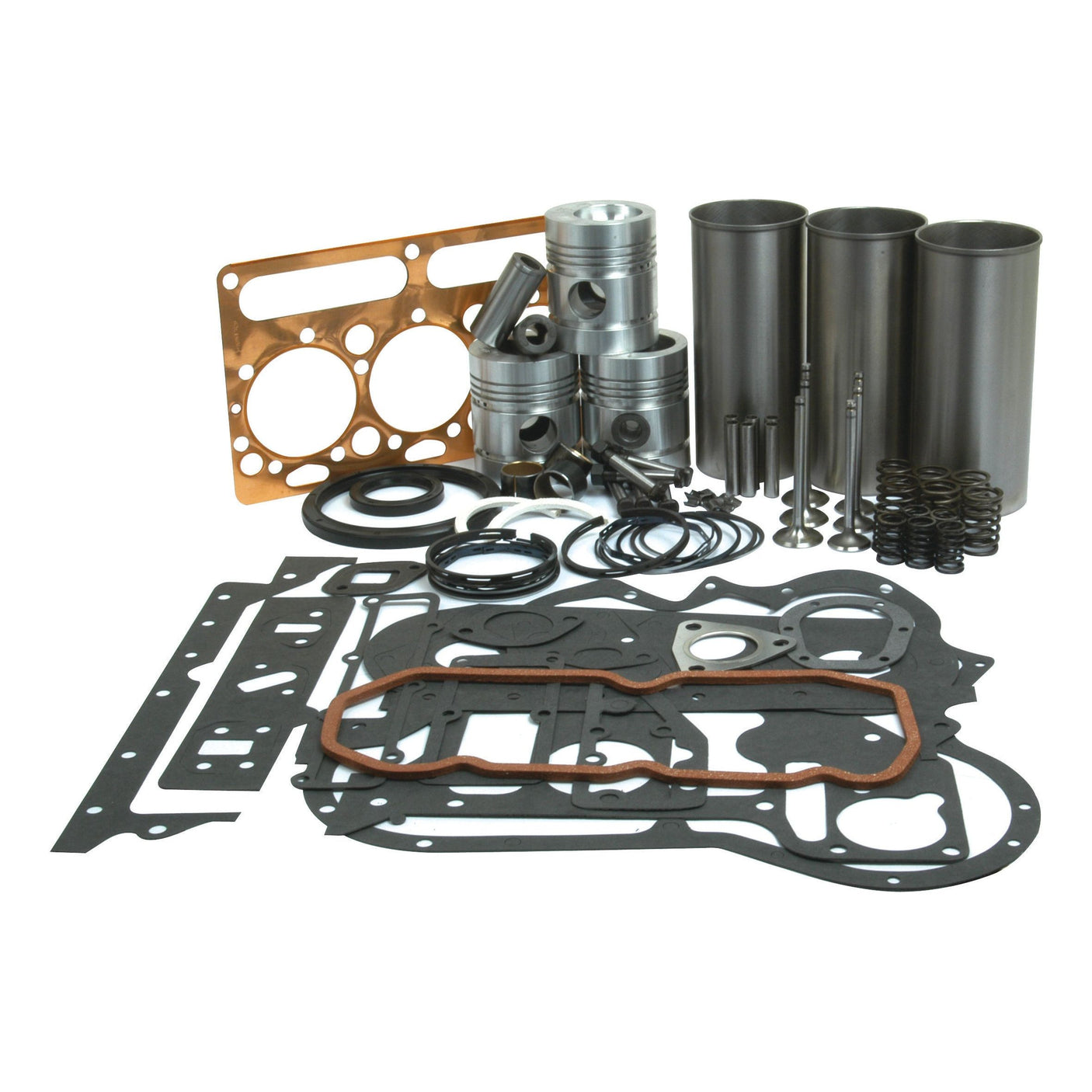 A collection of assorted automotive engine components, including gaskets, pistons, cylinders, O-rings, and various metallic parts from the Sparex Engine Overhaul Kit with Valve Train (Finished) - S.40372 for an AD3.152 Perkins engine is laid out on a white background.