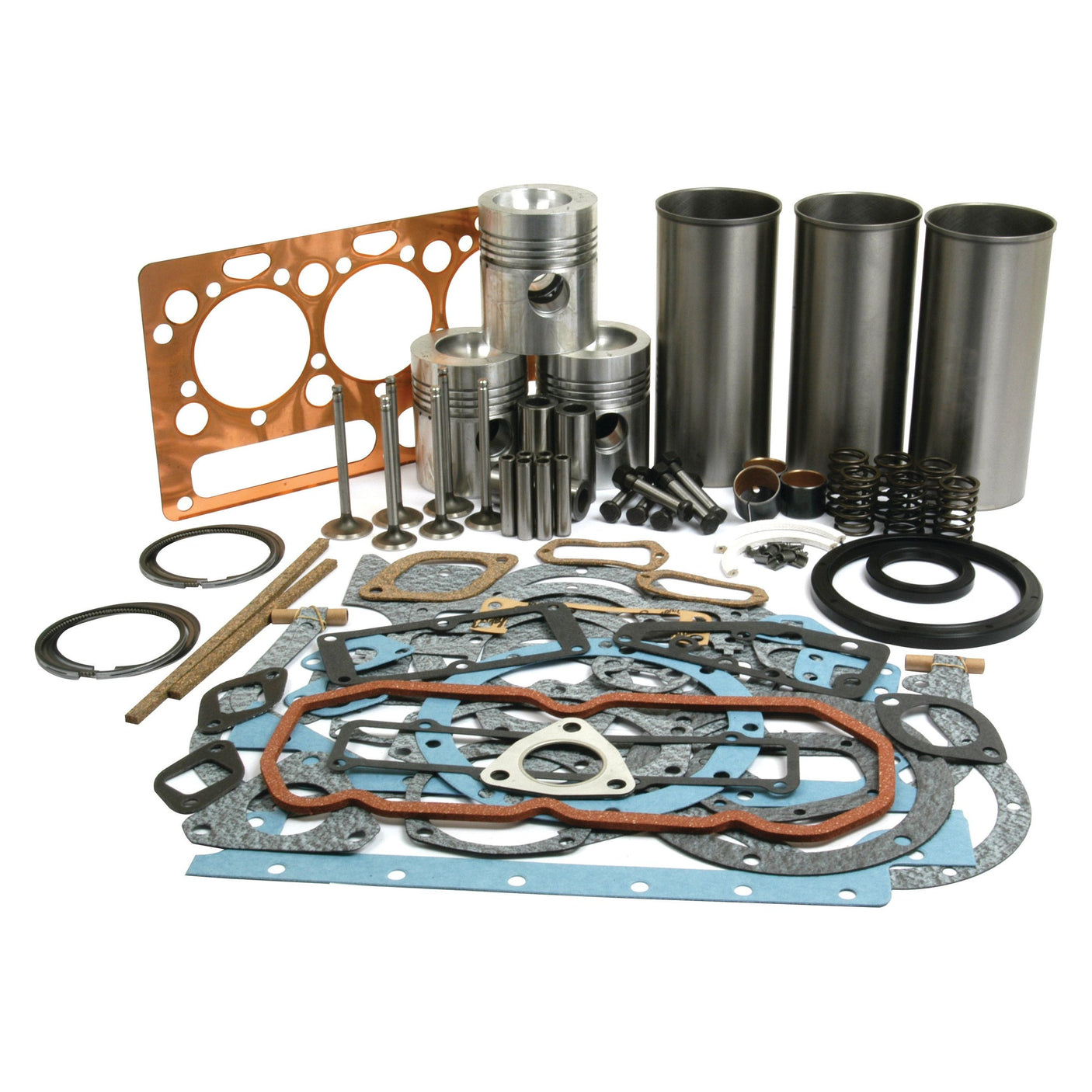 The Engine Overhaul Kit with Valve Train (Finished) - S.40373 by Sparex is meticulously arranged with essential automotive parts such as gaskets, pistons, cylinder liners, valves, and seals displayed on a pristine white surface. Ideal for maintaining the reliability of your Perkins AD3.152 model engine.