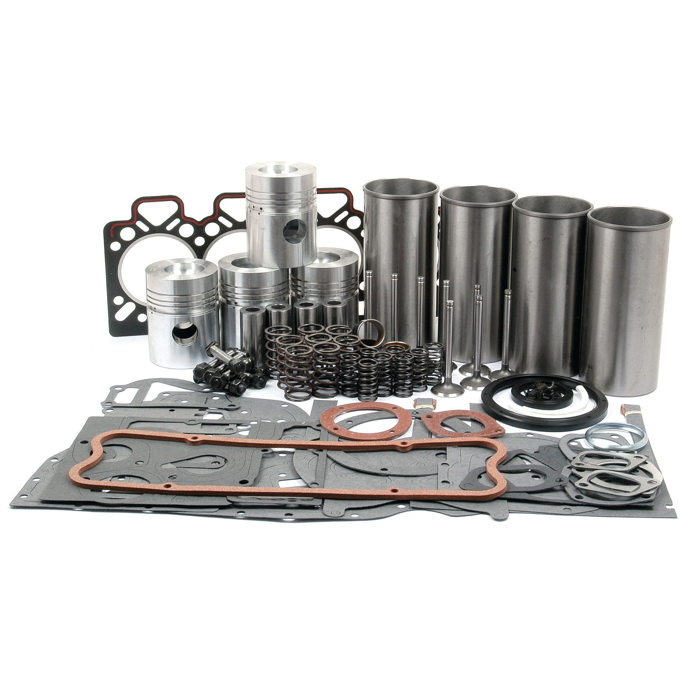 Various engine parts, including pistons, cylinder sleeves, gaskets, and springs from the Sparex Engine Overhaul Kit with Valve Train (Finished) - S.40375, neatly arranged on a white background.