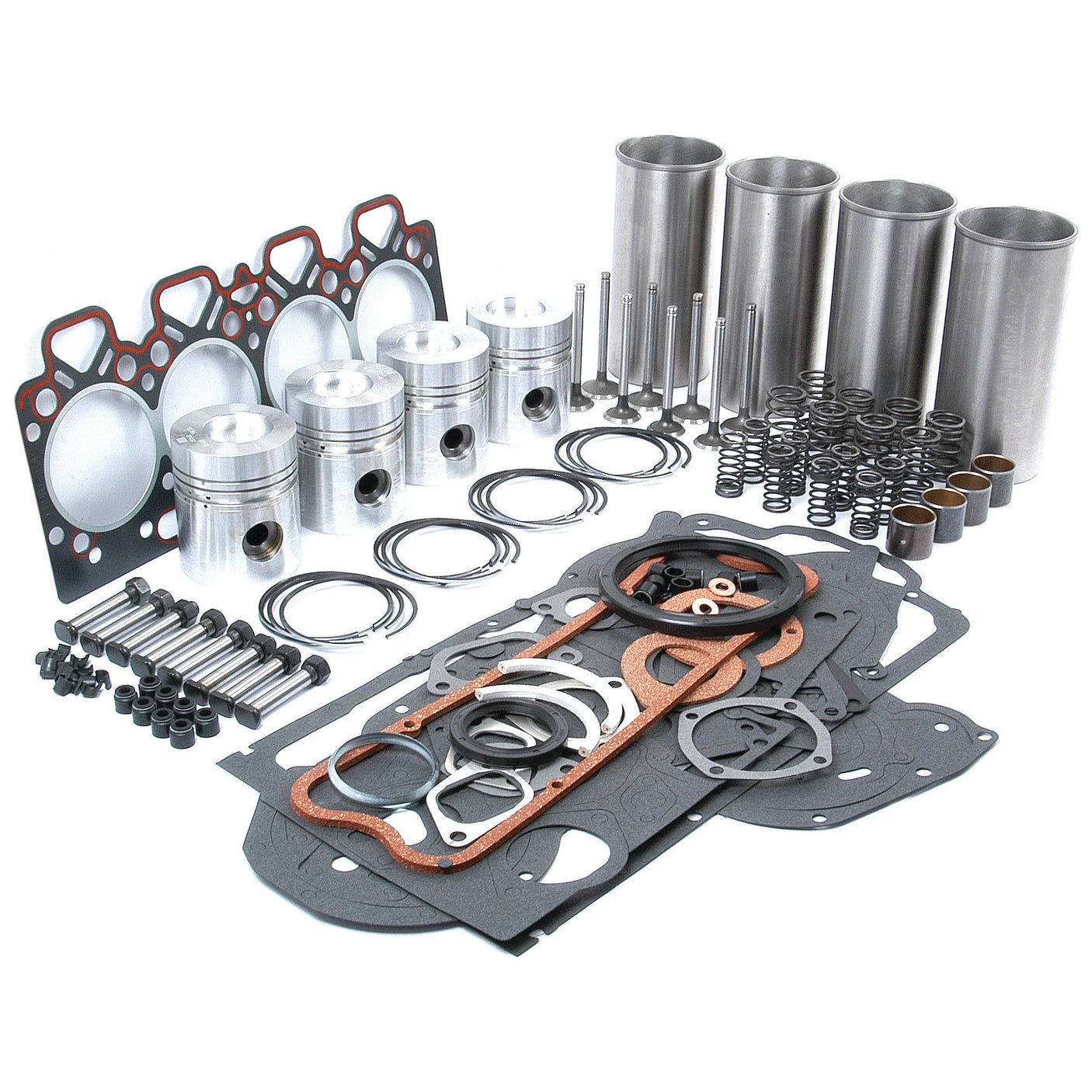 A complete Sparex Engine Overhaul Kit with Valve Train (Finished) - S.40376, featuring pistons, gaskets, sleeves, seals, rings, bolts, and other components for the A4.212 Cylinder Engine arranged on a white background.