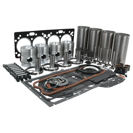 A collection of assorted engine parts, including pistons, cylinder liners, gaskets, bolts, and valves from the Sparex Engine Overhaul Kit with Valve Train (Finished) - S.40377 are arranged neatly on a white background.