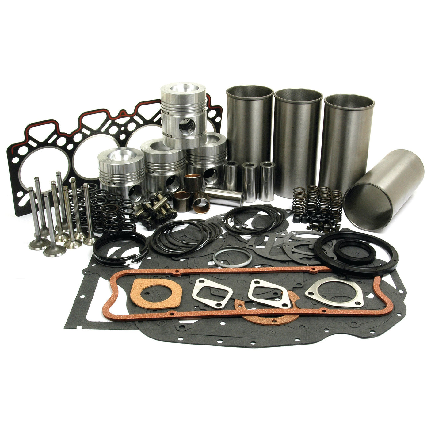 A collection of various engine parts, including pistons, gaskets, valves, springs, and components from Perkins Engine's A4.236 Cylinder arranged on a white background is presented as the "Engine Overhaul Kit with Valve Train (Finished) - S.40378" by Sparex.