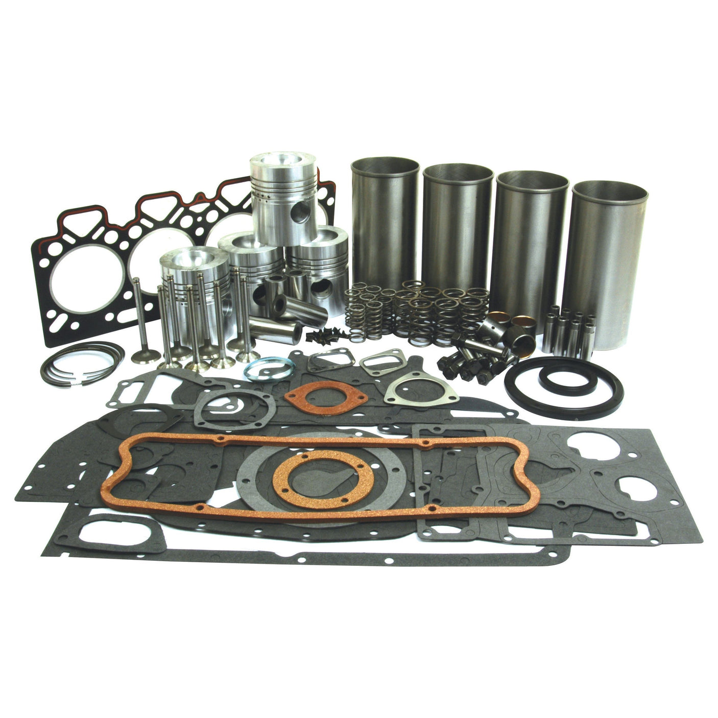 A collection of automotive engine parts, including gaskets, pistons, cylinder liners, and various seals from the Sparex Engine Overhaul Kit with Valve Train (Finished) - S.40380, laid out in an organized manner against a white background.