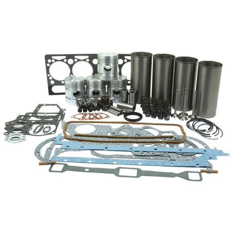 A comprehensive assembly of various engine components for a Perkins Engine, featuring gaskets, pistons, piston rings, cylinder liners, and other metal parts, displayed on a white surface. Ideal for an A4.203 engine overhaul kit. This is the Engine Overhaul Kit with Valve Train (Finished) - S.40382 by Sparex.