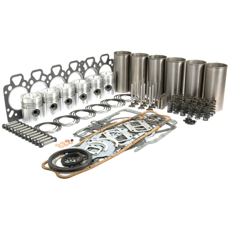 The Engine Overhaul Kit with Valve Train (Finished) - S.40383 by Sparex is a comprehensive set for Perkins engines, showcasing gaskets, pistons, piston rings, cylinders, valves, and additional components meticulously displayed against a white background.