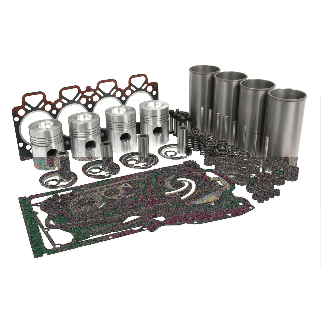 Assorted engine components, including pistons, gaskets, cylinders, and seals from the Sparex Engine Overhaul Kit with Valve Train (Semi Finished) - S.40393, arranged neatly against a white background.