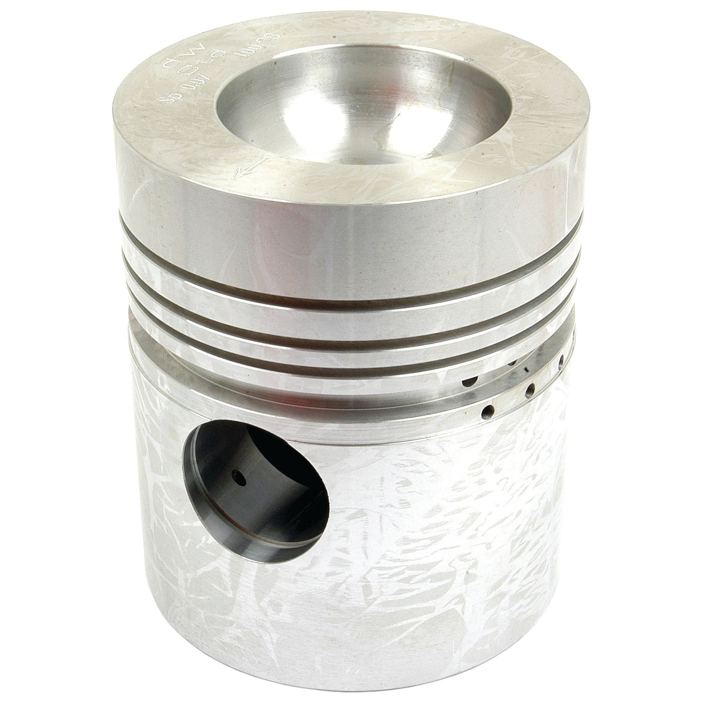 The Sparex Piston (Standard) - S.40411 is a silver metallic engine piston featuring a concave top, horizontal rings, and a side hole for a connecting rod. Highlighted in the Perkins Build List, this precision-designed piston meets optimal length standards and is compatible with other Sparex parts.