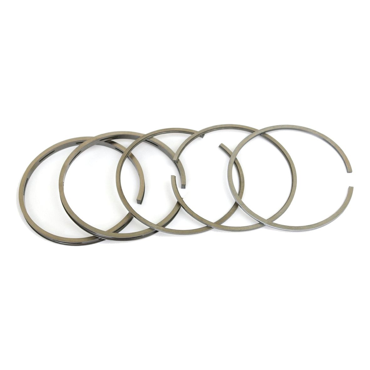 Five chrome-plated piston rings in a half-moon arrangement on a white background, perfect for Perkins engines. These are the Piston Ring | Sparex Part No.S.40422 by Sparex.