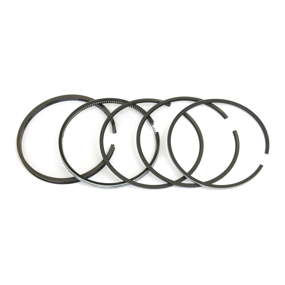 Five black piston rings from the Sparex Piston Ring set (Sparex Part No. S.40423) are arranged in a row on a white background.