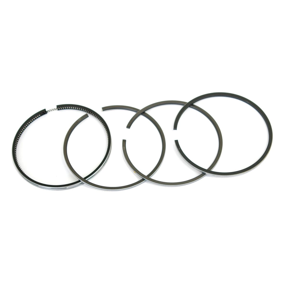 A set of four chrome-plated piston rings, arranged in a row on a white background, perfect for your Massey Ferguson tractor. The Piston Ring | Sparex Part No. S.40428 is designed specifically to meet your needs.