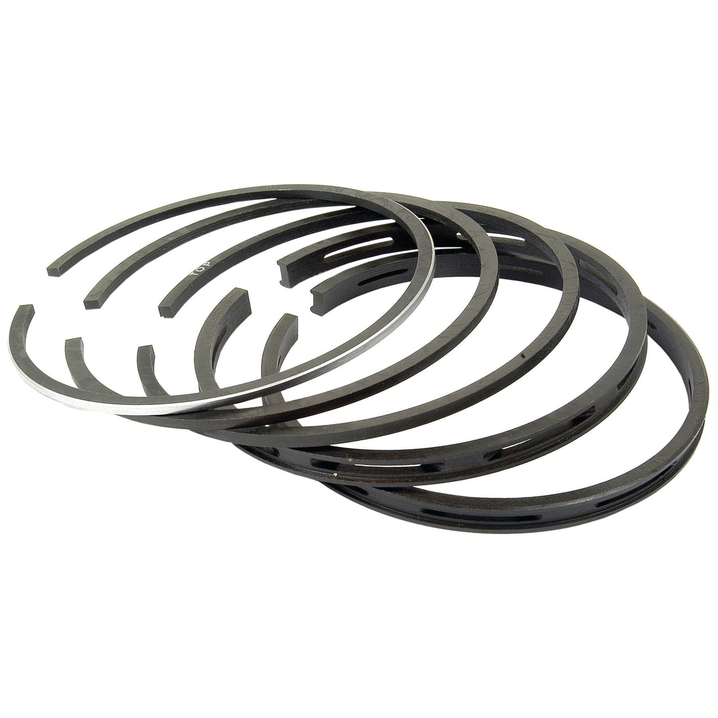 A Piston Ring and Liner Kit (Sparex Part No.S.40430) from Sparex, showcasing chrome-plated, segmented circular piston rings artfully arranged in a slightly fanned out manner against a white background.