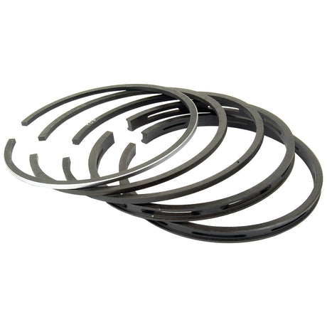 A Piston Ring and Liner Kit (Sparex Part No.S.40430) from Sparex, showcasing chrome-plated, segmented circular piston rings artfully arranged in a slightly fanned out manner against a white background.