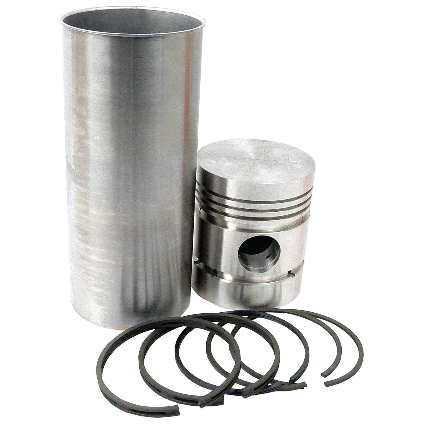 A metal cylinder, a piston, and several piston rings are arranged on a white background, resembling parts from the Sparex Piston Ring and Liner Kit (Sparex Part No. S.40444).