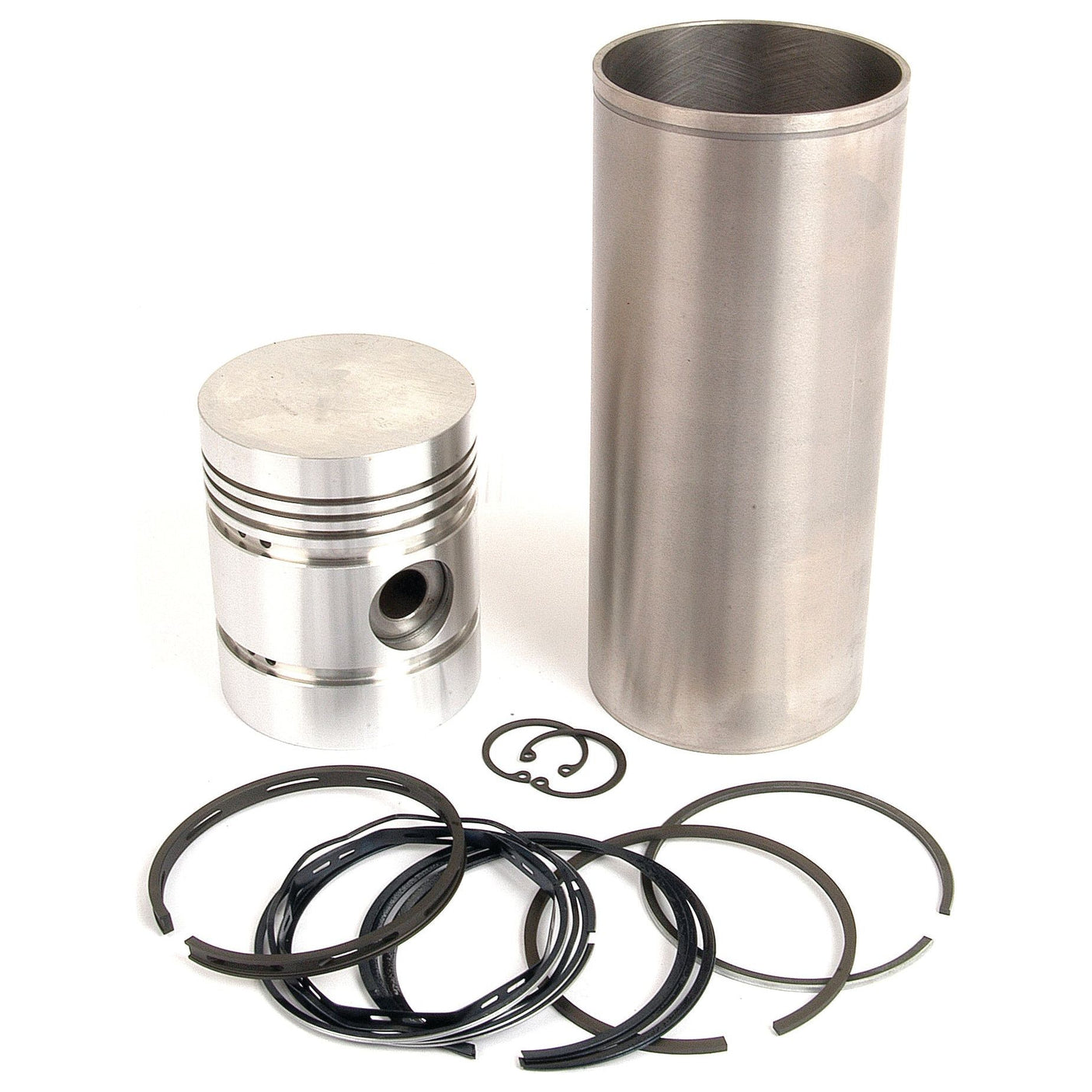 A comprehensive set of engine parts for a Massey Ferguson 135, featuring a piston, piston rings, cylinder sleeve, and snap rings laid out on a white surface. The Sparex Piston Ring and Liner Kit (Sparex Part No. S.40446) ensures top-notch performance and durability for your tractor.