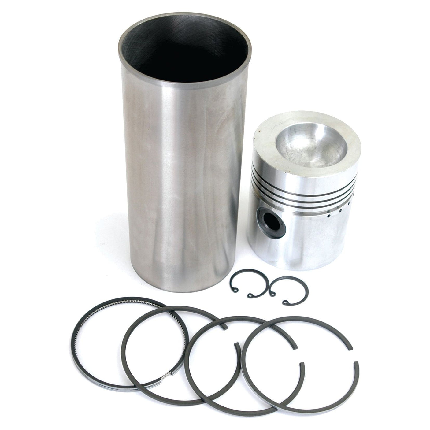 A Sparex Piston Ring and Liner Kit, Sparex Part No. S.40447, including a cylinder liner, piston, two circlips, and five piston rings, is laid out on a white surface.