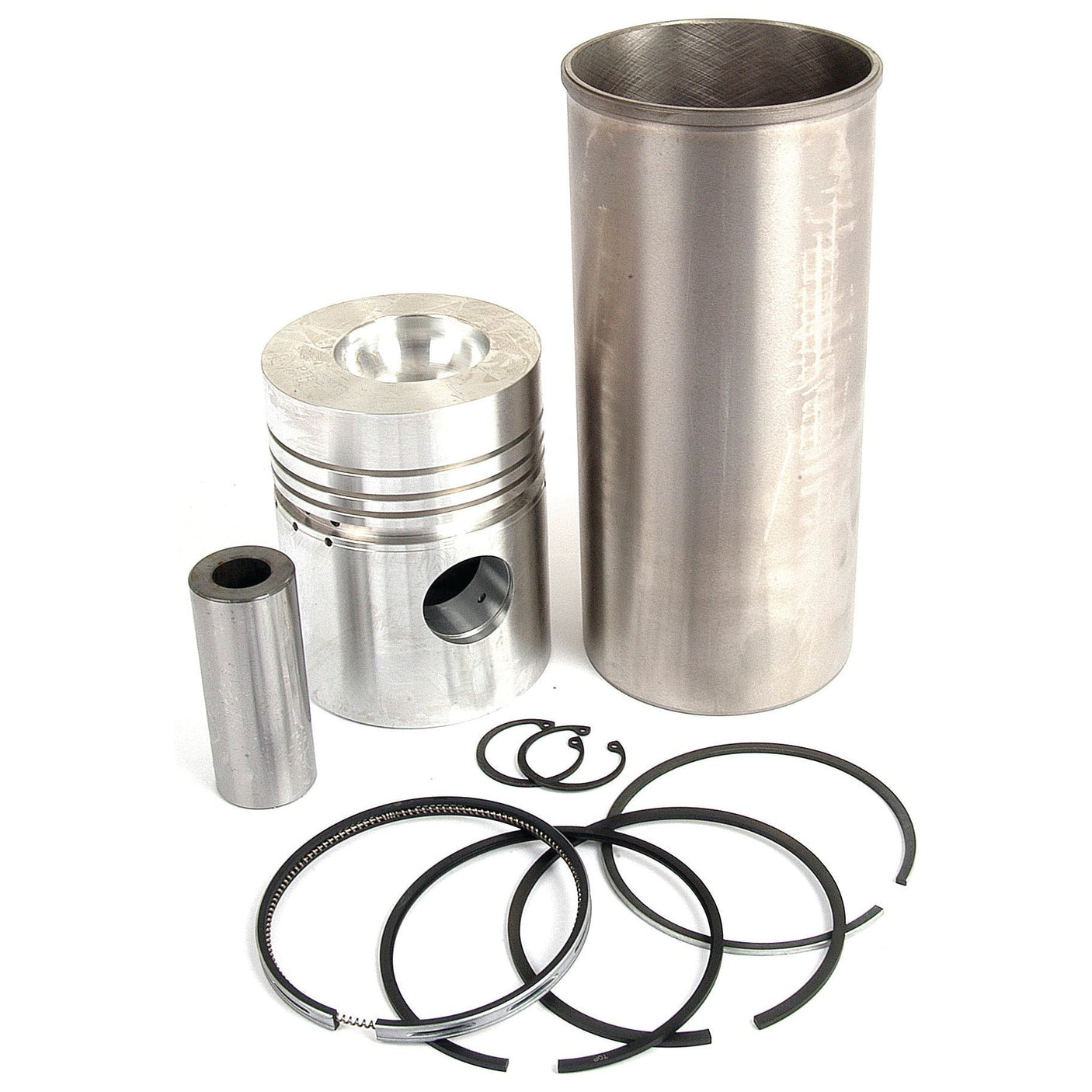 A Sparex Piston Ring and Liner Kit (Sparex Part No. S.40448), which includes a cylinder liner, piston, piston pin, snap rings, and piston rings, arranged on a white background from the Perkins Build List.