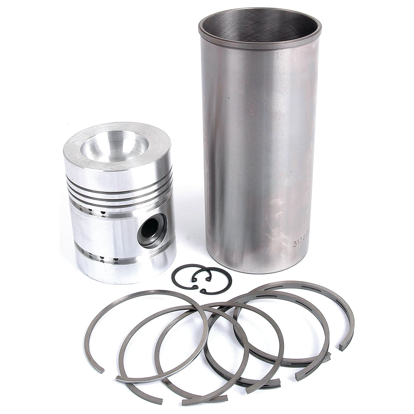 A Sparex Piston Ring and Liner Kit (Sparex Part No. S.40449) featuring a piston, cylinder sleeve, and retaining clip is meticulously arranged against a white background.