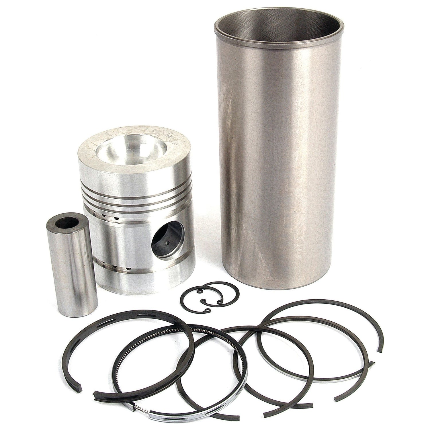 Automotive engine parts, including a piston from a Perkins Engine, a cylinder sleeve, piston rings from the Sparex Piston Ring and Liner Kit (Sparex Part No. S.40450), and other components, arranged on a white background.