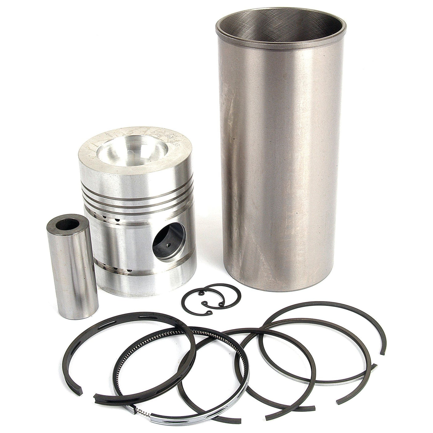 Automotive engine parts, including a piston from a Perkins Engine, a cylinder sleeve, piston rings from the Sparex Piston Ring and Liner Kit (Sparex Part No. S.40450), and other components, arranged on a white background.