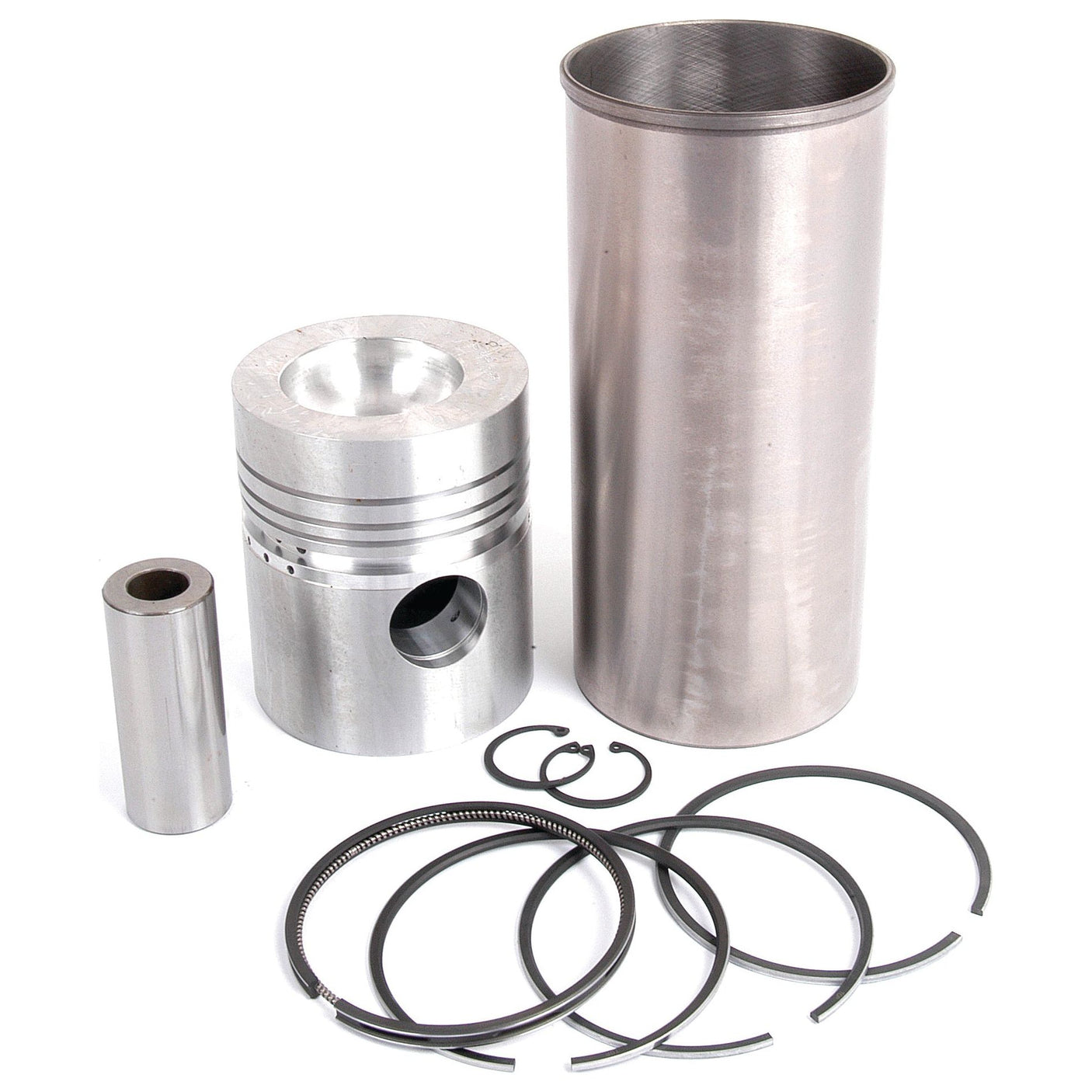 The Sparex Piston Ring and Liner Kit, part number S.40452, designed for Perkins engines, comprises a piston, cylinder liner, wrist pin, piston rings, and circlips. All components are displayed on a white background.
