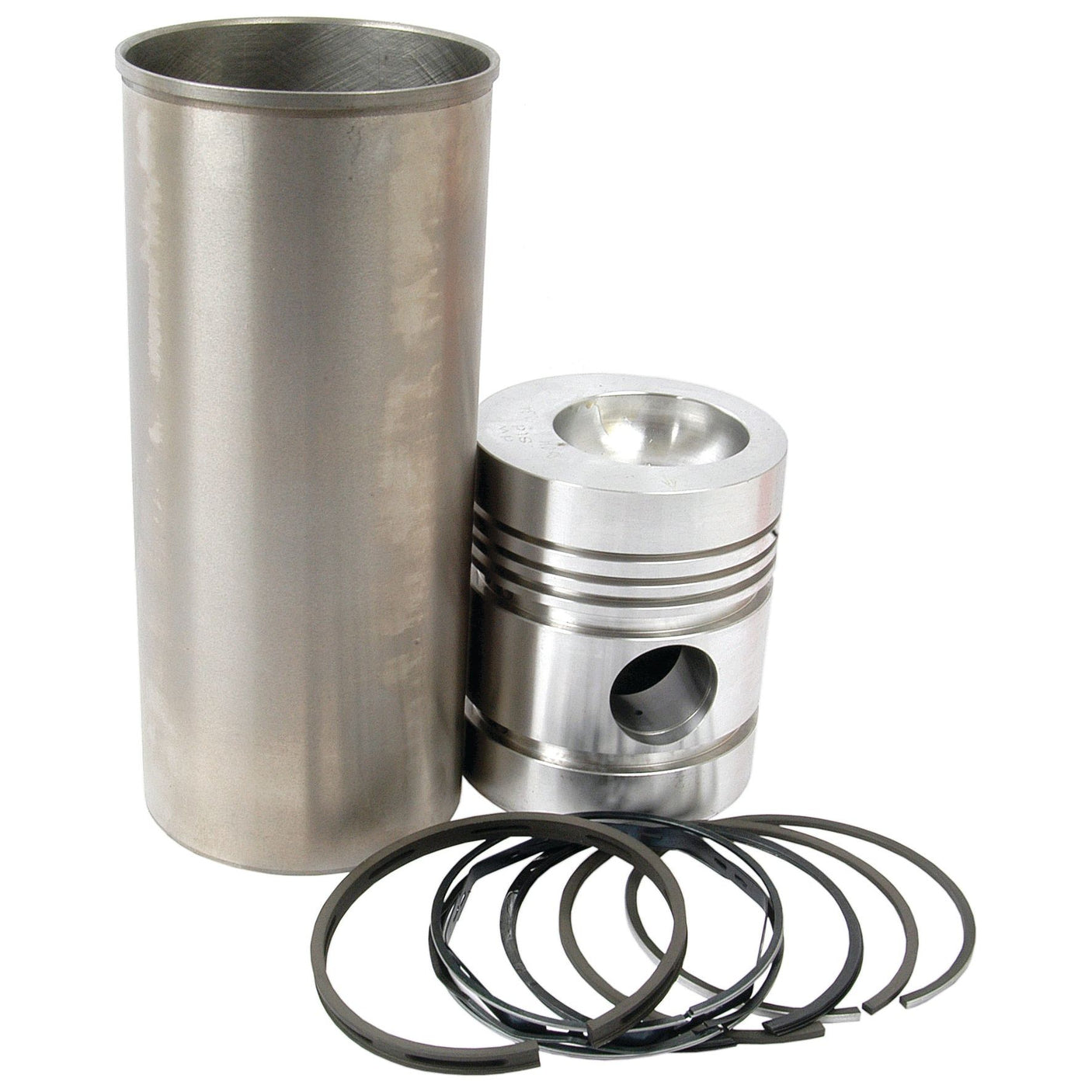 A Sparex Piston Ring and Liner Kit (Part No. S.40454) featuring a cylindrical engine cylinder sleeve, a piston with grooves, and seven piston rings is arranged on a white background.