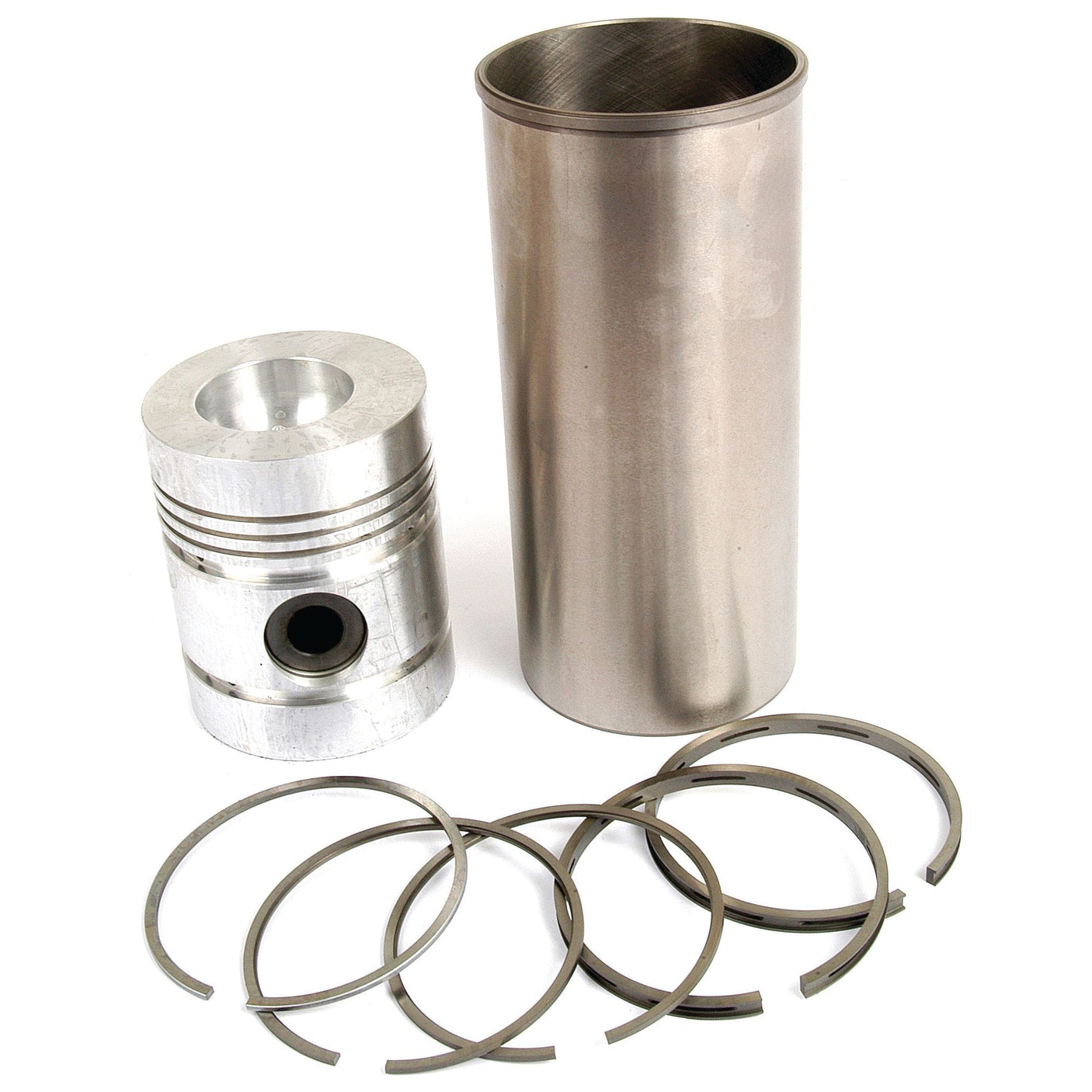 The Piston Ring and Liner Kit (Sparex Part No. S.40455) by Sparex, which includes a cylindrical metal piston, a matching flanged liner, and several piston rings, is arranged on a white background.