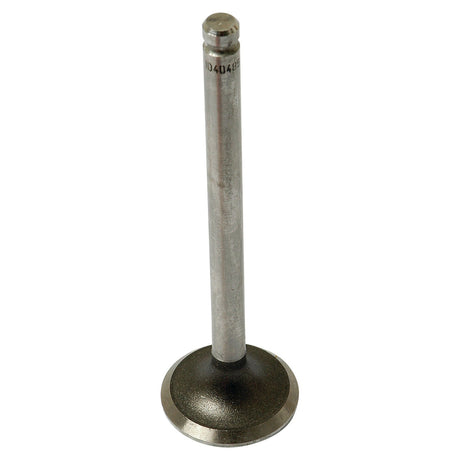 A single metal exhaust valve, identified as the Exhaust Valve Standard | Sparex Part No.S.40485, is depicted with a cylindrical stem and a widened, flat base. The top has engraved markings, potentially signifying it originates from a Perkins engine. It is vertically oriented against a plain white background and branded under the name Sparex.