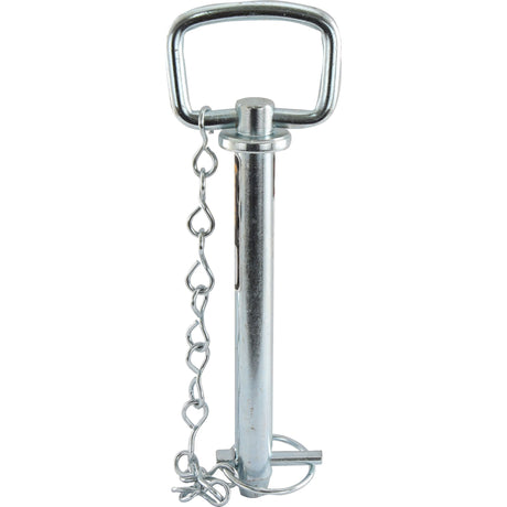 Close-up of a Sparex hitch pin with chain and linch pin, featuring a square handle, a 19mm diameter pin, and a working length of 157mm. Suitable for Massey Ferguson. Product Name: Hitch Pin with Chain & Linch Pin 19x157mm | Sparex Part No.S.404