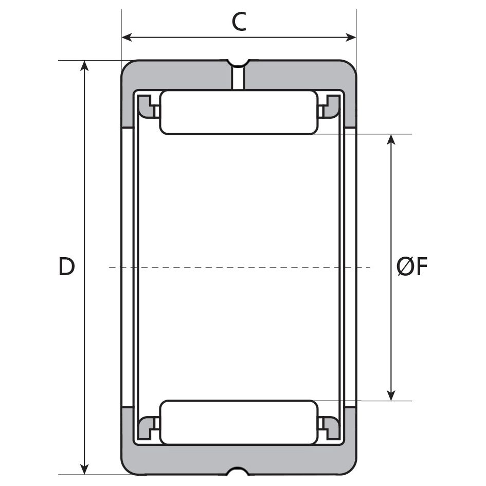 Technical diagram of a rectangular component with marked dimensions C, D, and ØF. The diagram shows two cylindrical elements at the top and bottom inside the rectangle, possibly indicating locations for a Sparex Needle Bearing (162416), Sparex Part No. S.40516, or similar part like one used in Perkins machinery.
